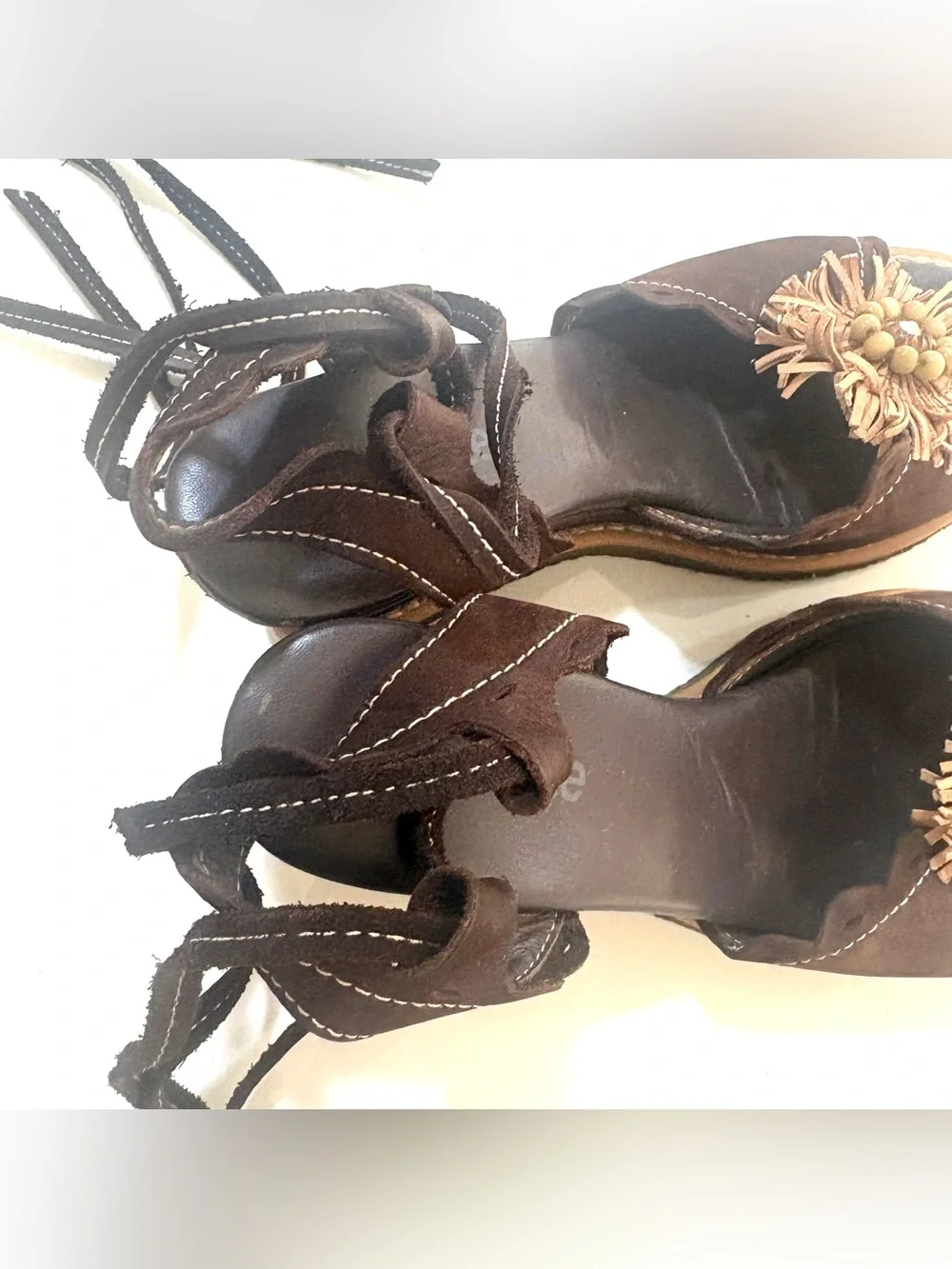 Brown Women's Floral Leather/Suede Lace-Up Wedge Sandals